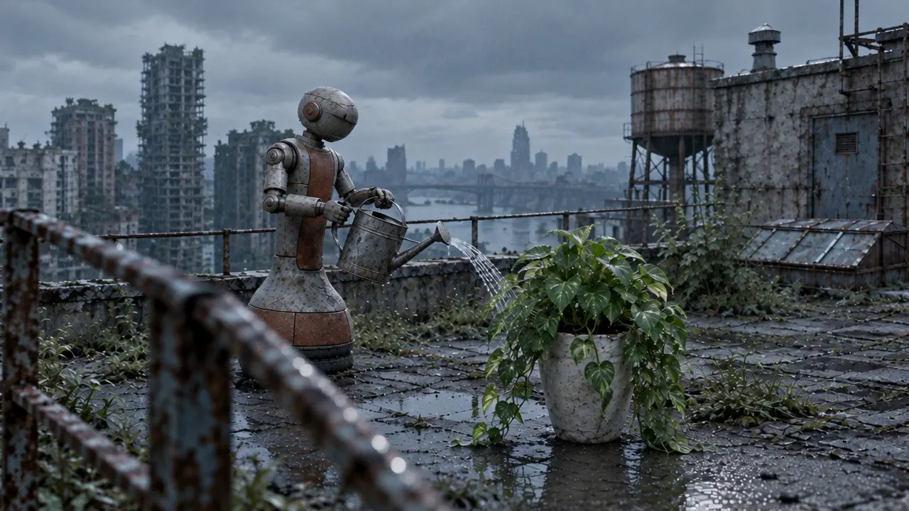 Shot 1A: Wide. Rooftop, morning drizzle.