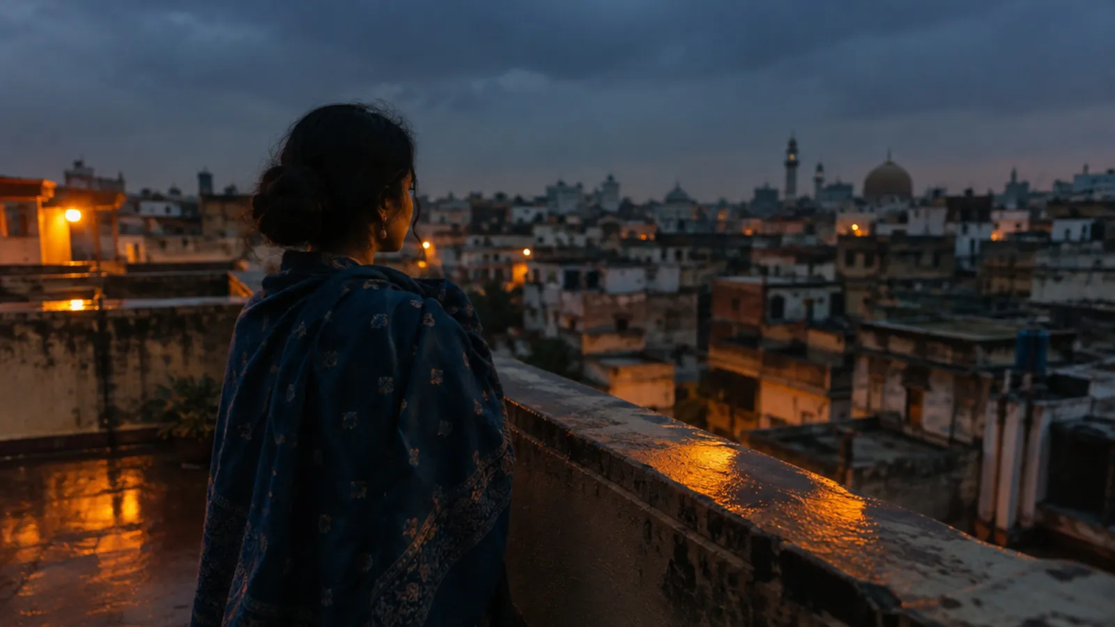 Dusk over a monsoon rooftop in old Delhi, a woman in an indigo shawl at the parapet