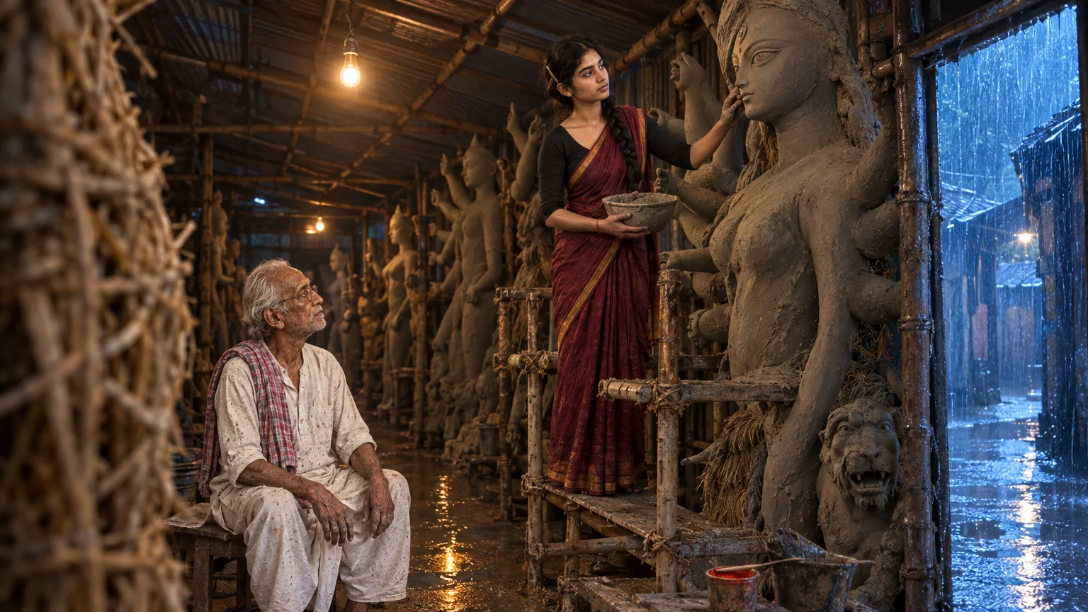 Scene 1: the Kumartuli workshop before dawn, rain in the doorway