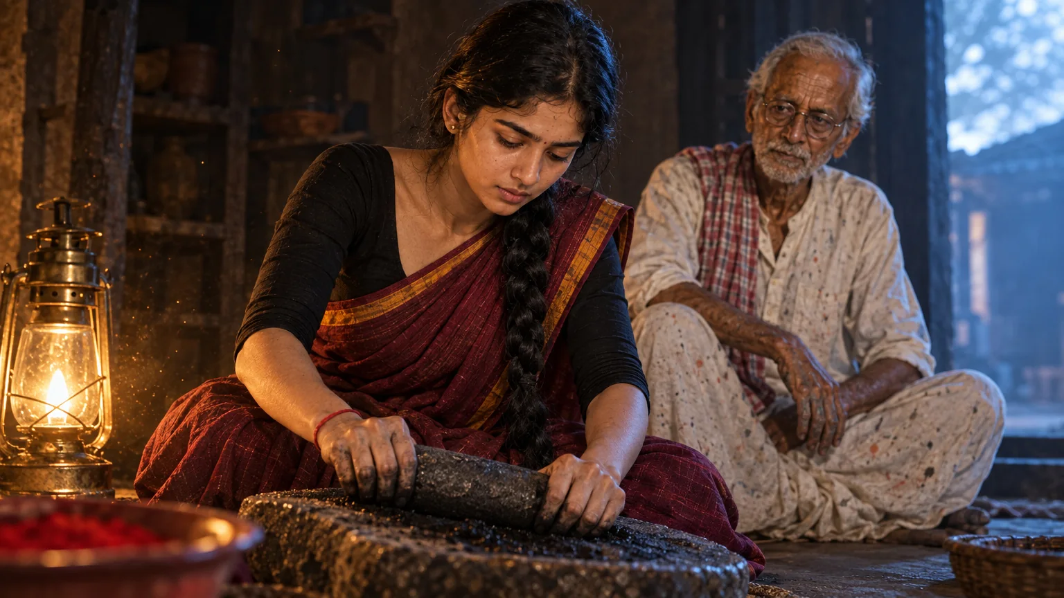 Scene 2: Mitali grinds black pigment while Haren watches