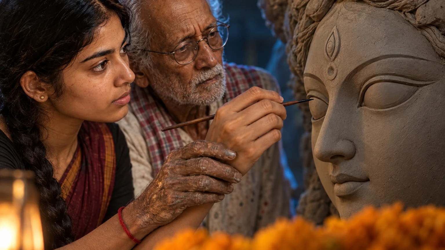 Scene 3: Haren paints the goddess's eye beside Mitali